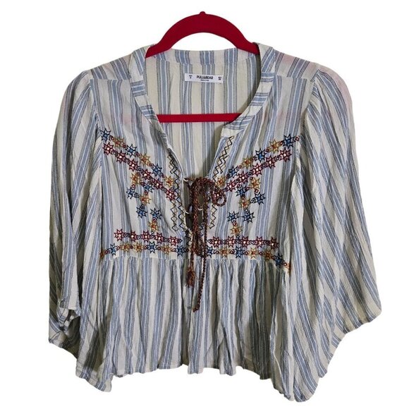 Pull&Bear Bohemian Embroidered Beaded Peasant Top Flowy 1/2 Sleeves Made In Indi - Picture 1 of 6